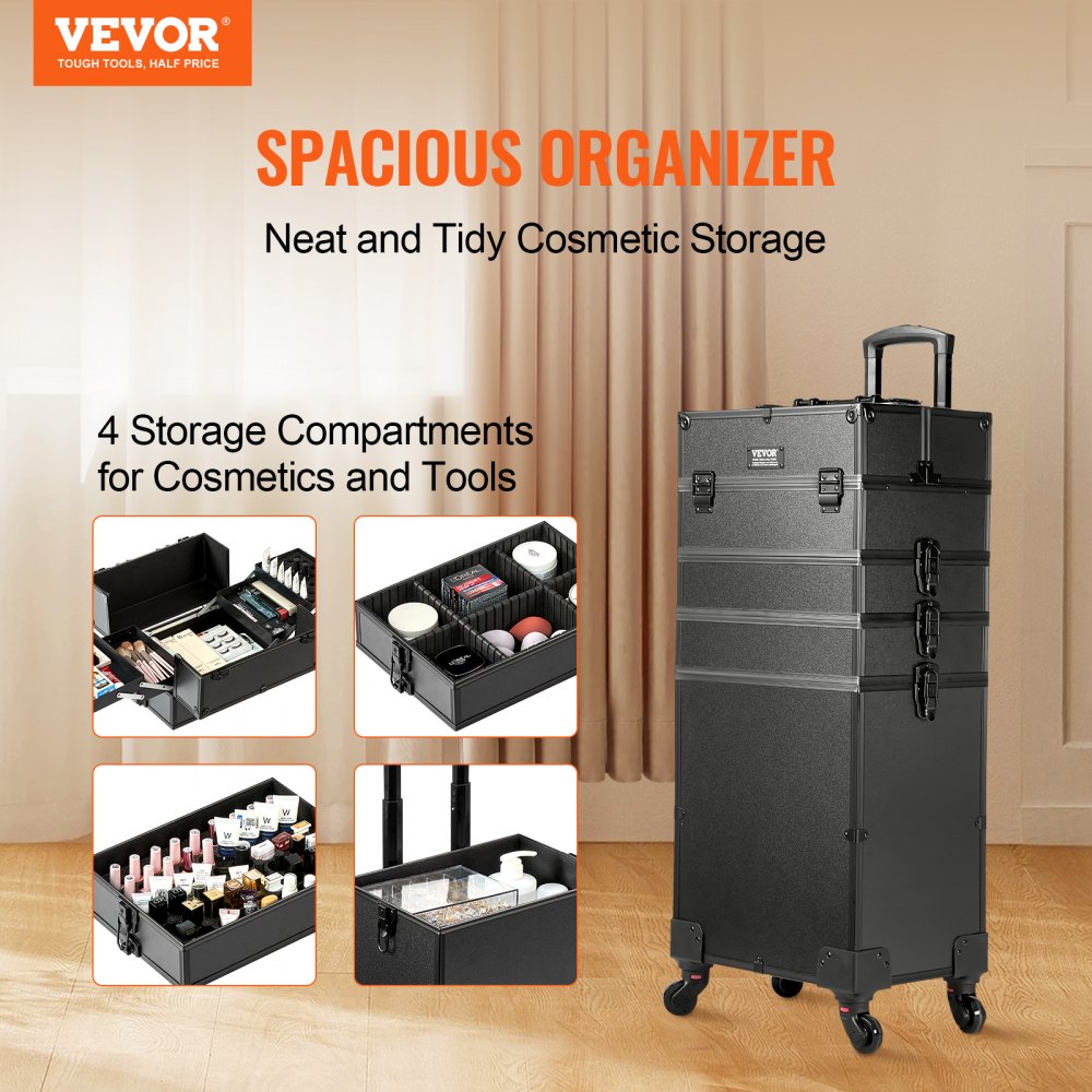 VEVOR 5 in 1 Professional Makeup Train Case Aluminum Cosmetic Case, Rolling Makeup Case Extra Large Trolley Makeup Travel Organizer, with 360° Swivel Wheels & Adjustable Pull Rod, Black 