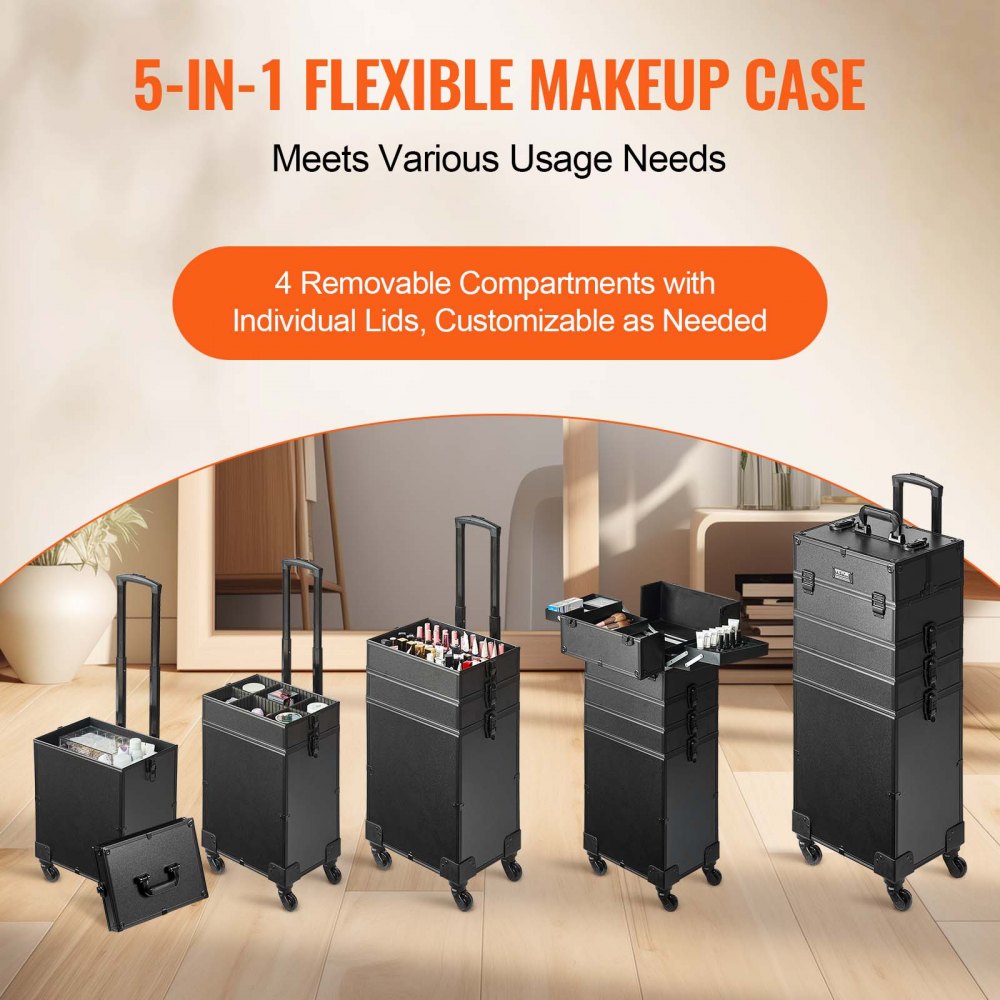 VEVOR 5 in 1 Professional Makeup Train Case Aluminum Cosmetic Case, Rolling Makeup Case Extra Large Trolley Makeup Travel Organizer, with 360° Swivel Wheels & Adjustable Pull Rod, Black 