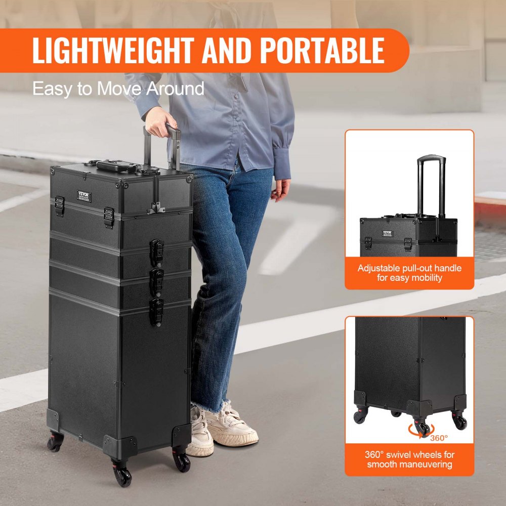 VEVOR 5 in 1 Professional Makeup Train Case Aluminum Cosmetic Case, Rolling Makeup Case Extra Large Trolley Makeup Travel Organizer, with 360° Swivel Wheels & Adjustable Pull Rod, Black 
