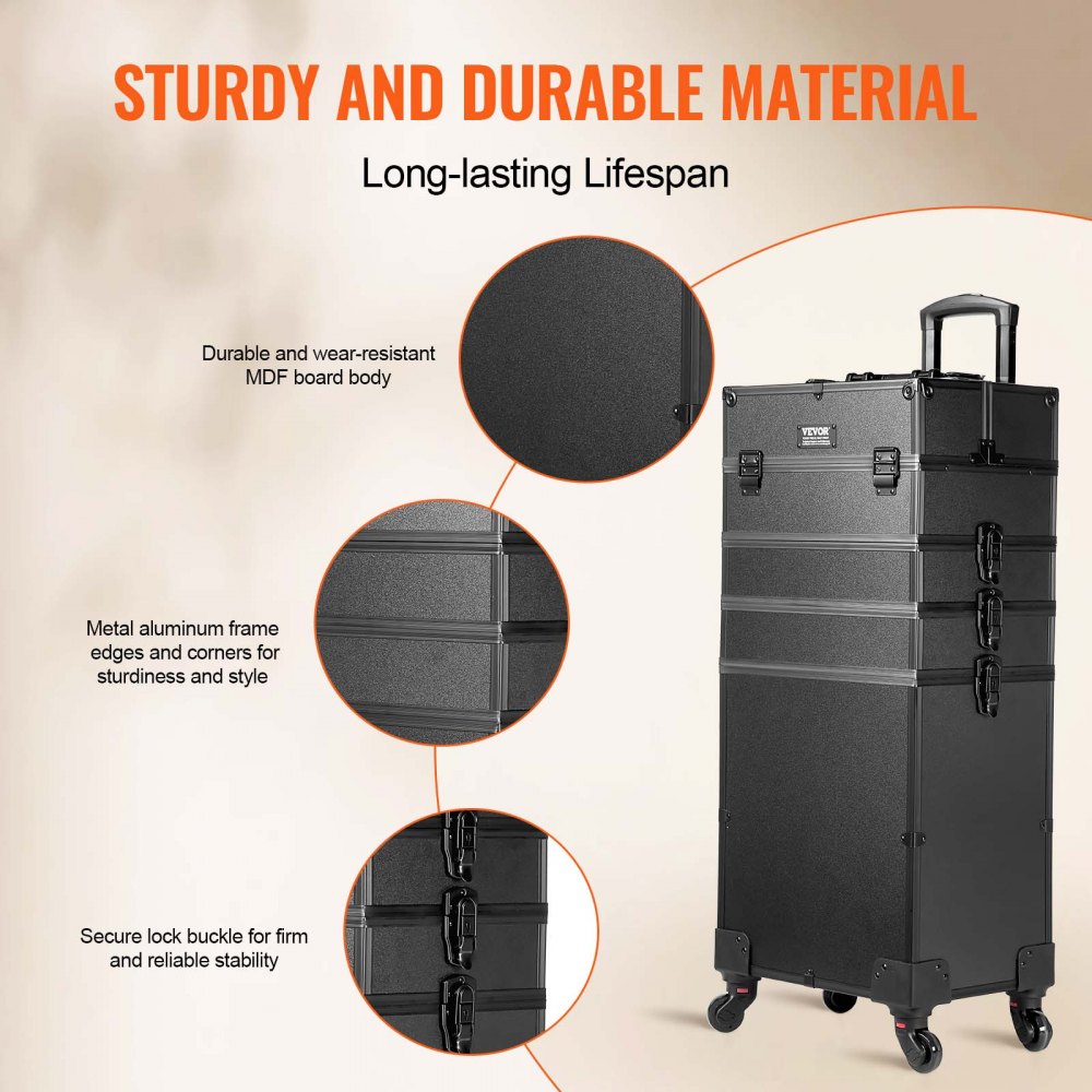 VEVOR 5 in 1 Professional Makeup Train Case Aluminum Cosmetic Case, Rolling Makeup Case Extra Large Trolley Makeup Travel Organizer, with 360° Swivel Wheels & Adjustable Pull Rod, Black 