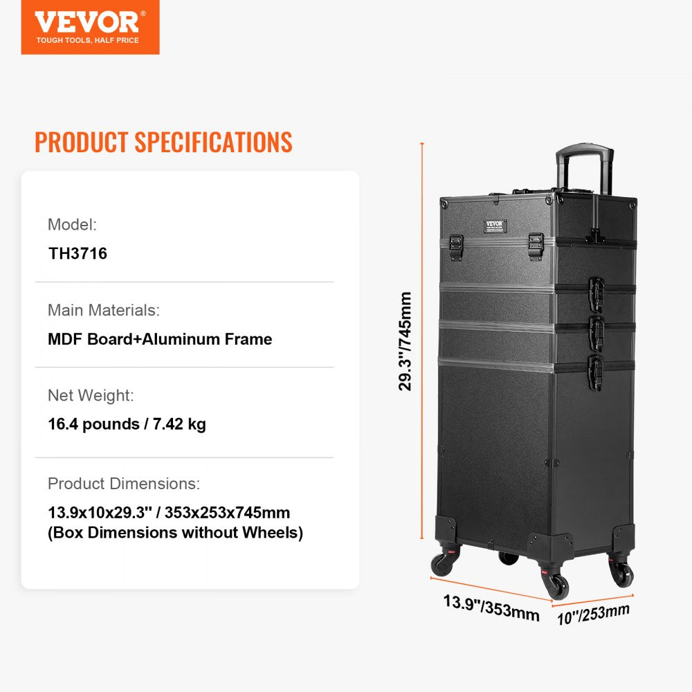 VEVOR 5 in 1 Professional Makeup Train Case Aluminum Cosmetic Case, Rolling Makeup Case Extra Large Trolley Makeup Travel Organizer, with 360° Swivel Wheels & Adjustable Pull Rod, Black 