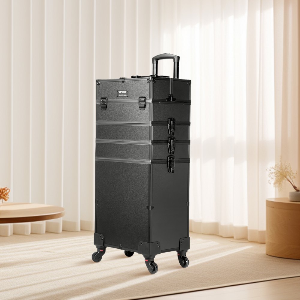 VEVOR 5 in 1 Professional Makeup Train Case Aluminum Cosmetic Case, Rolling Makeup Case Extra Large Trolley Makeup Travel Organizer, with 360° Swivel Wheels & Adjustable Pull Rod, Black 