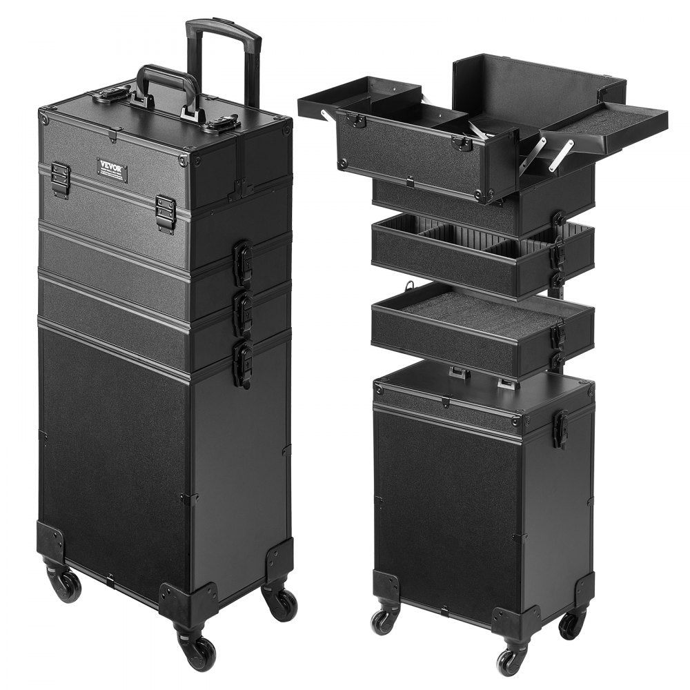 VEVOR 5 in 1 Professional Makeup Train Case Aluminum Cosmetic Case, Rolling Makeup Case Extra Large Trolley Makeup Travel Organizer, with 360° Swivel Wheels & Adjustable Pull Rod, Black 