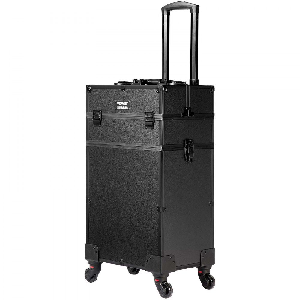 VEVOR 5 in 1 Professional Makeup Train Case Aluminum Cosmetic Case, Rolling Makeup Case Extra Large Trolley Makeup Travel Organizer, with 360° Swivel Wheels & Adjustable Pull Rod, Black 
