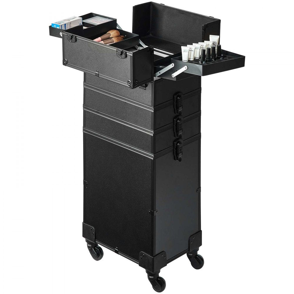 VEVOR 5 in 1 Professional Makeup Train Case Aluminum Cosmetic Case, Rolling Makeup Case Extra Large Trolley Makeup Travel Organizer, with 360° Swivel Wheels & Adjustable Pull Rod, Black 