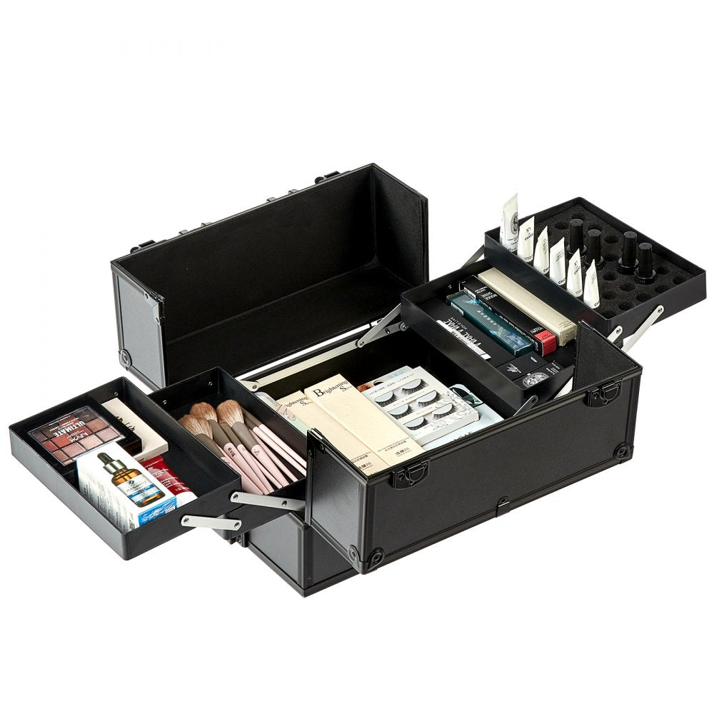 VEVOR 5 in 1 Professional Makeup Train Case Aluminum Cosmetic Case, Rolling Makeup Case Extra Large Trolley Makeup Travel Organizer, with 360° Swivel Wheels & Adjustable Pull Rod, Black 