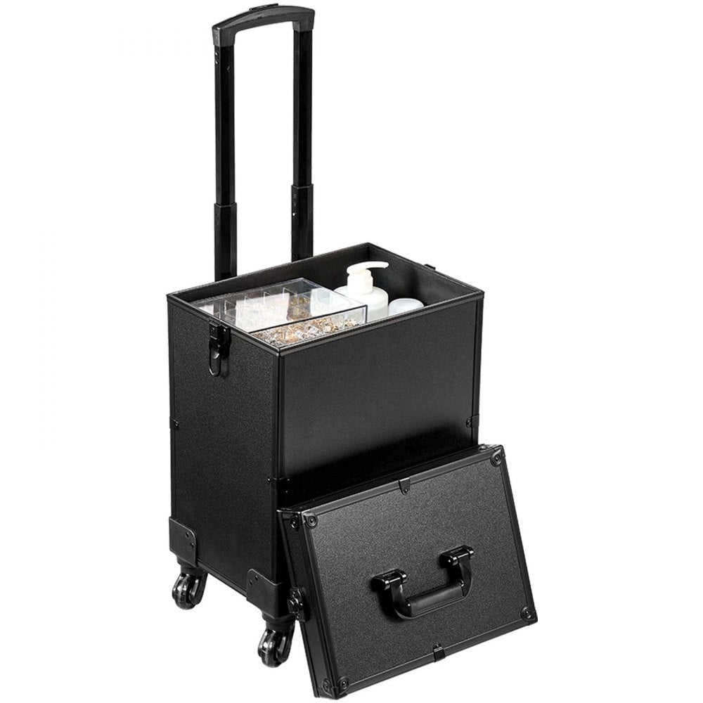 VEVOR 5 in 1 Professional Makeup Train Case Aluminum Cosmetic Case, Rolling Makeup Case Extra Large Trolley Makeup Travel Organizer, with 360° Swivel Wheels & Adjustable Pull Rod, Black 