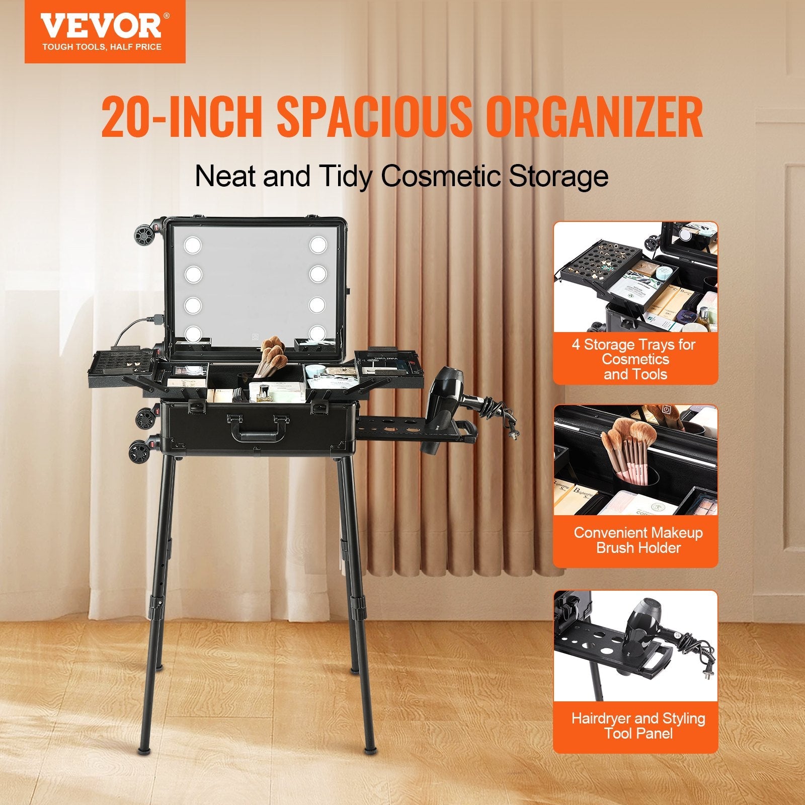 VEVOR Makeup Train Case with Lock, Lighted Mirror, 4 Storage Trays, Brush Holder, Travel Cosmetic Organizer Box w/ Swivel Wheels, Professional Artist Trolley Studio Free Standing Case 
