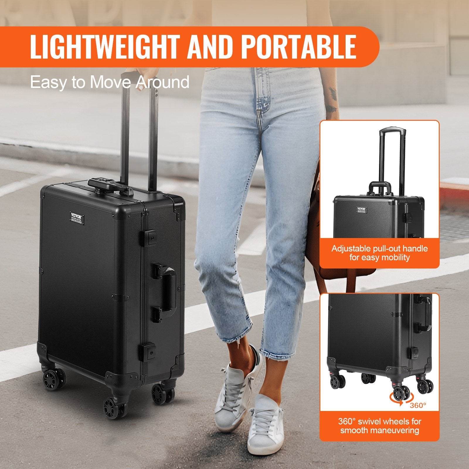 VEVOR Makeup Train Case with Lock, Lighted Mirror, 4 Storage Trays, Brush Holder, Travel Cosmetic Organizer Box w/ Swivel Wheels, Professional Artist Trolley Studio Free Standing Case 