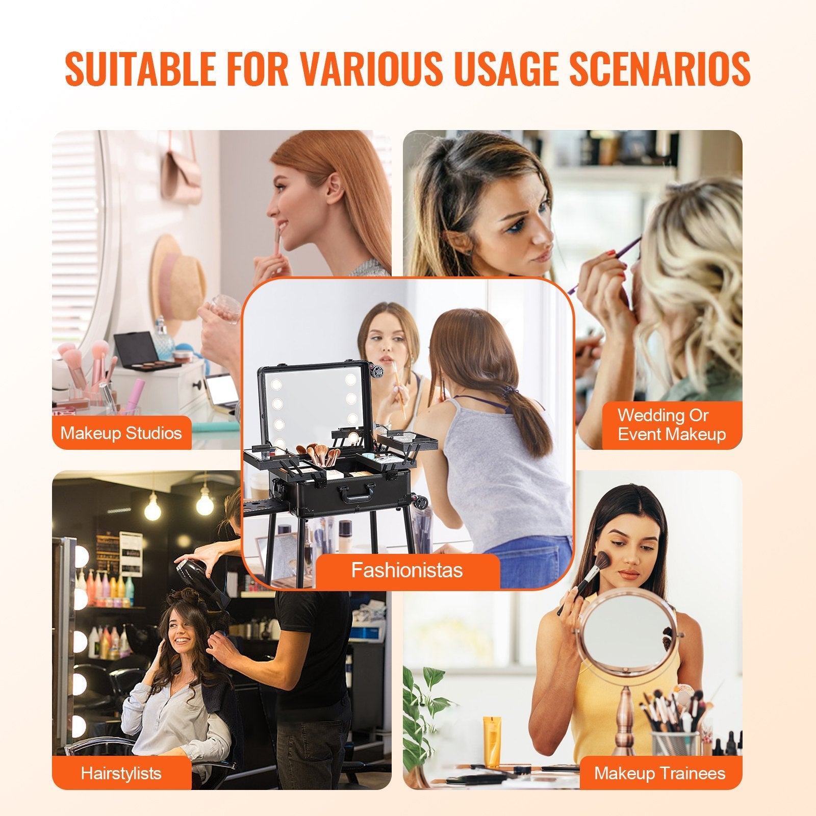 VEVOR Makeup Train Case with Lock, Lighted Mirror, 4 Storage Trays, Brush Holder, Travel Cosmetic Organizer Box w/ Swivel Wheels, Professional Artist Trolley Studio Free Standing Case 