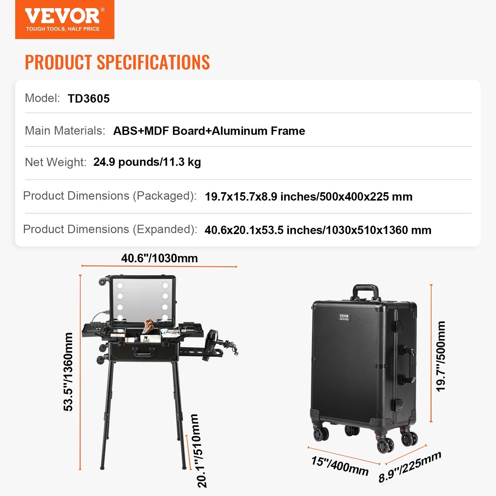 VEVOR Makeup Train Case with Lock, Lighted Mirror, 4 Storage Trays, Brush Holder, Travel Cosmetic Organizer Box w/ Swivel Wheels, Professional Artist Trolley Studio Free Standing Case 