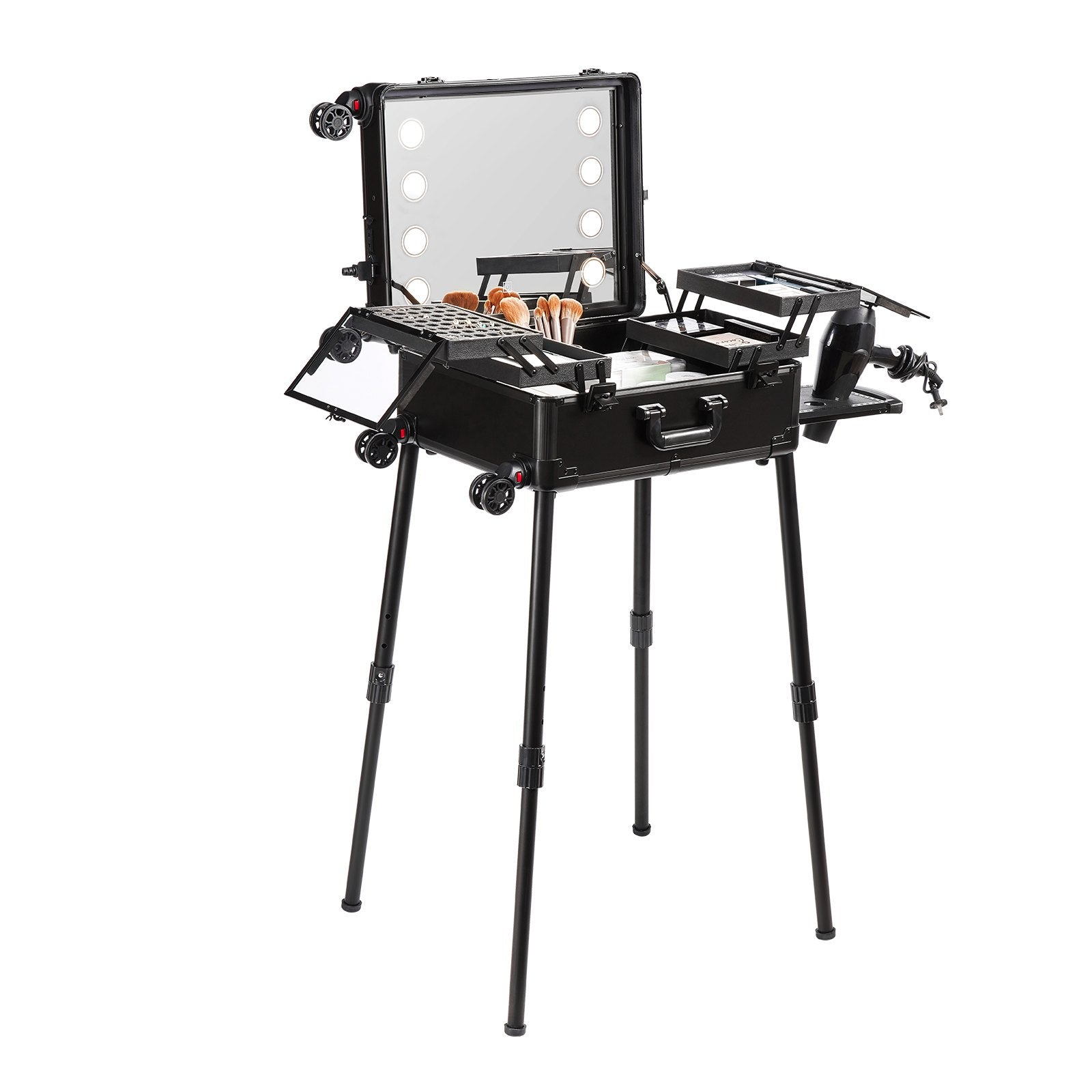 VEVOR Makeup Train Case with Lock, Lighted Mirror, 4 Storage Trays, Brush Holder, Travel Cosmetic Organizer Box w/ Swivel Wheels, Professional Artist Trolley Studio Free Standing Case 