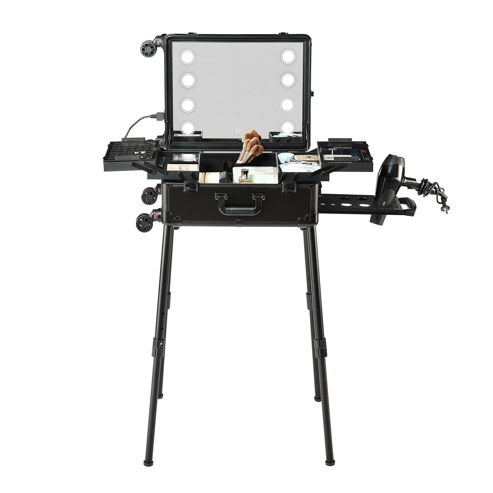 VEVOR Makeup Train Case with Lock, Lighted Mirror, 4 Storage Trays, Brush Holder, Travel Cosmetic Organizer Box w/ Swivel Wheels, Professional Artist Trolley Studio Free Standing Case 