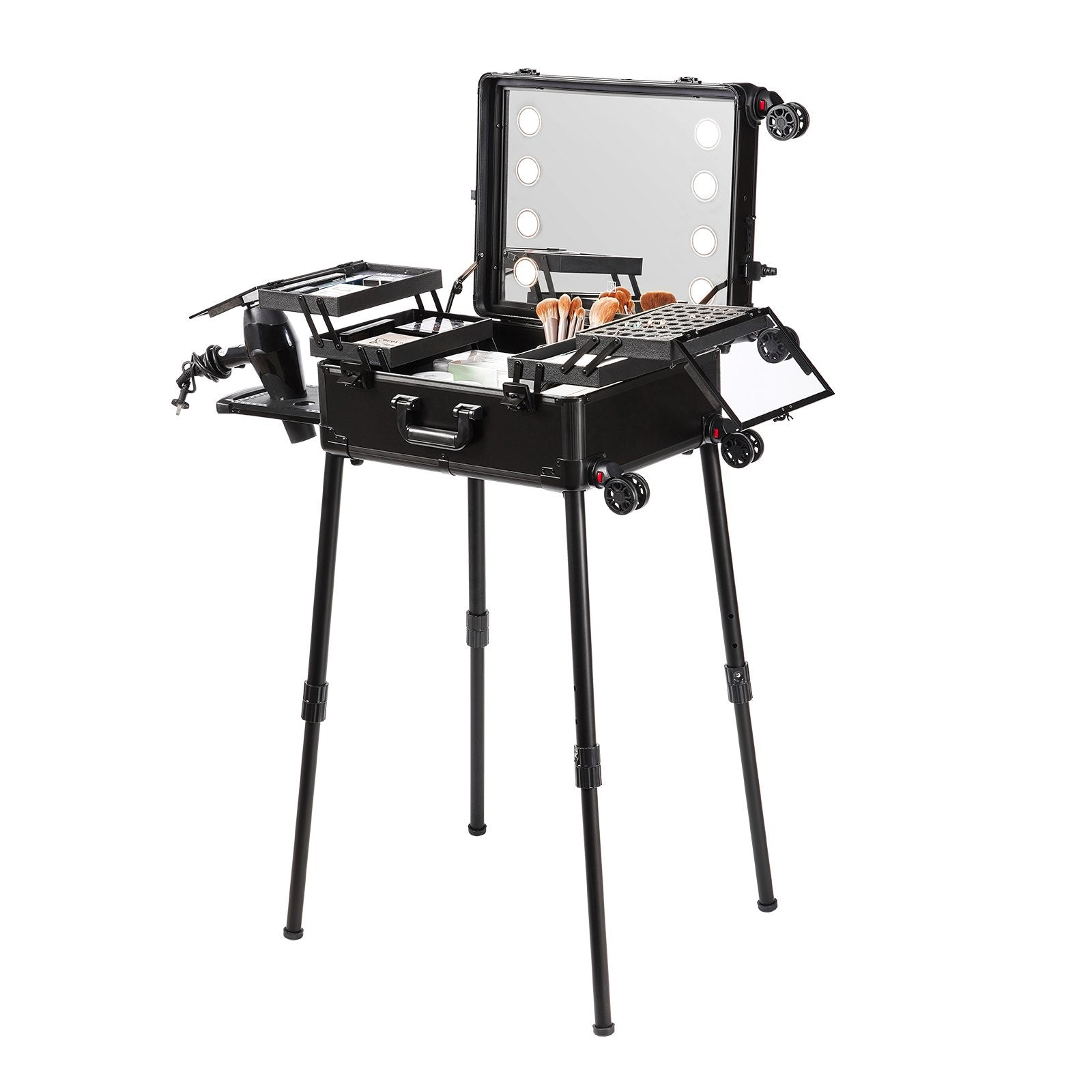 VEVOR Makeup Train Case with Lock, Lighted Mirror, 4 Storage Trays, Brush Holder, Travel Cosmetic Organizer Box w/ Swivel Wheels, Professional Artist Trolley Studio Free Standing Case 