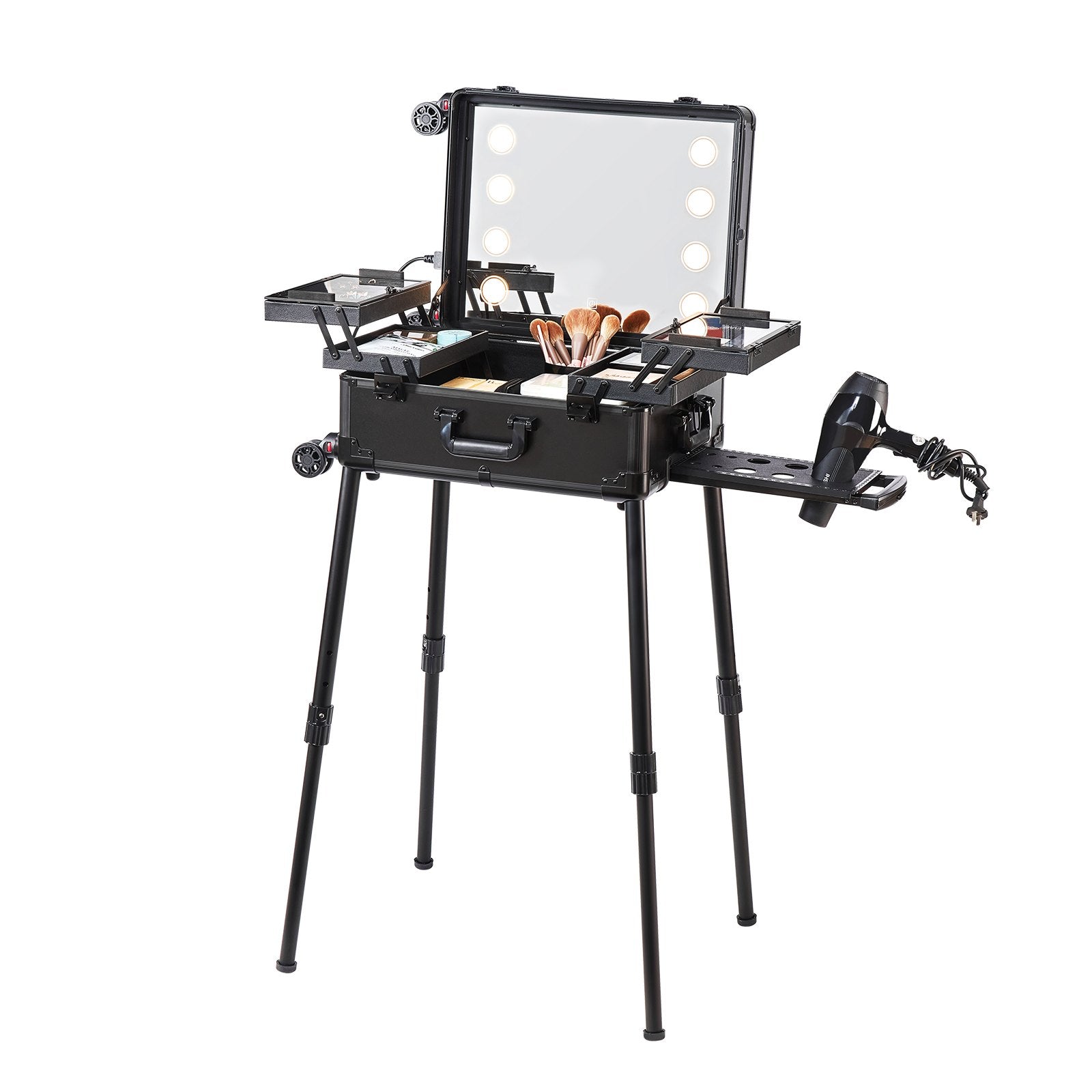 VEVOR Makeup Train Case with Lock, Lighted Mirror, 4 Storage Trays, Brush Holder, Travel Cosmetic Organizer Box w/ Swivel Wheels, Professional Artist Trolley Studio Free Standing Case 
