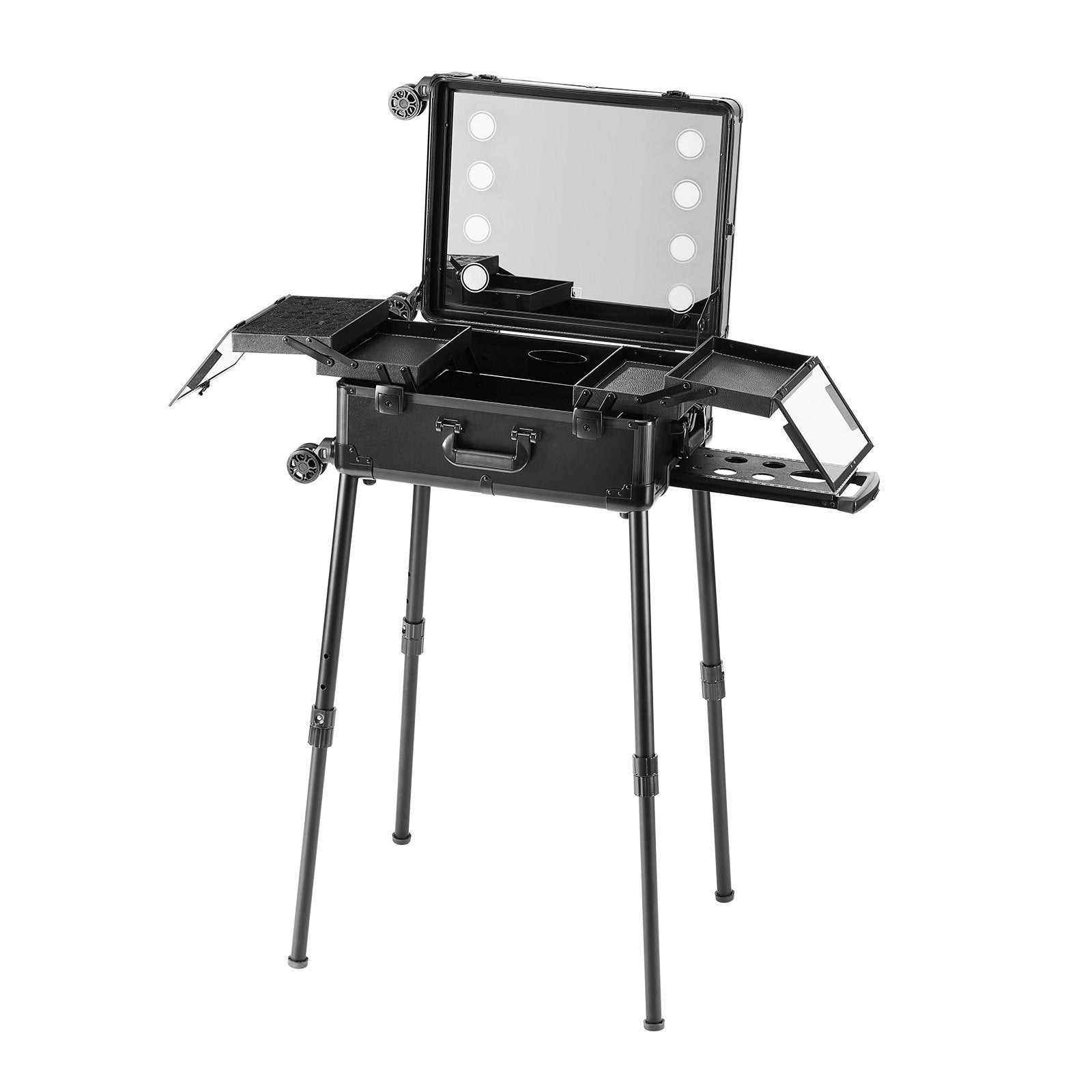 VEVOR Makeup Train Case with Lock, Lighted Mirror, 4 Storage Trays, Brush Holder, Travel Cosmetic Organizer Box w/ Swivel Wheels, Professional Artist Trolley Studio Free Standing Case 