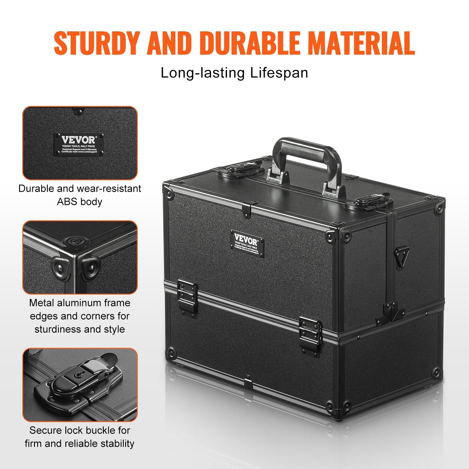 VEVOR Makeup Train Case 14.6 inch Large Portable Cosmetic Case, 6 Tier Trays Professional Makeup Storage Organizer Box Make Up Carrier with Handle And Strap Travel Case for Women and Girls - Black 