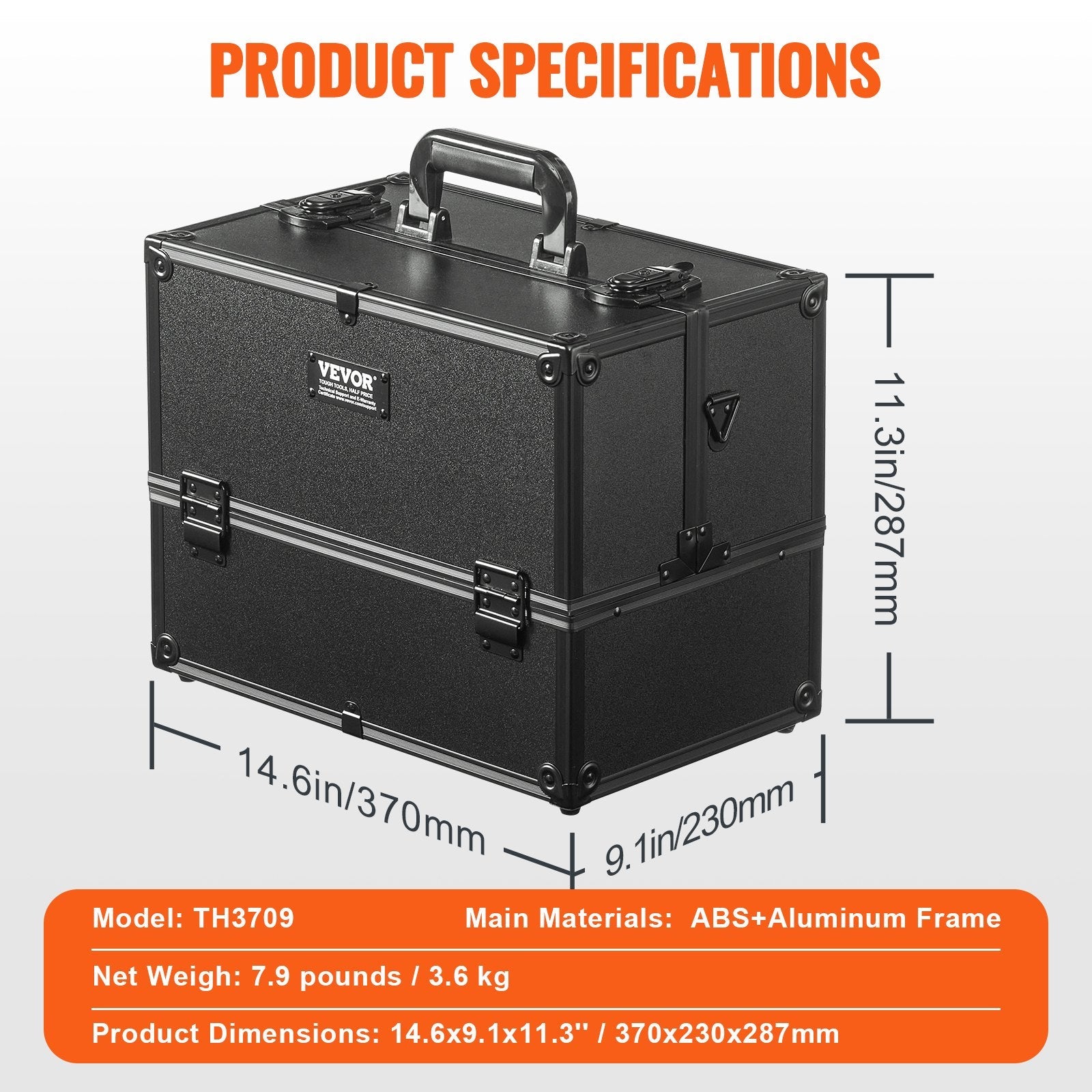 VEVOR Makeup Train Case 14.6 inch Large Portable Cosmetic Case, 6 Tier Trays Professional Makeup Storage Organizer Box Make Up Carrier with Handle And Strap Travel Case for Women and Girls - Black 
