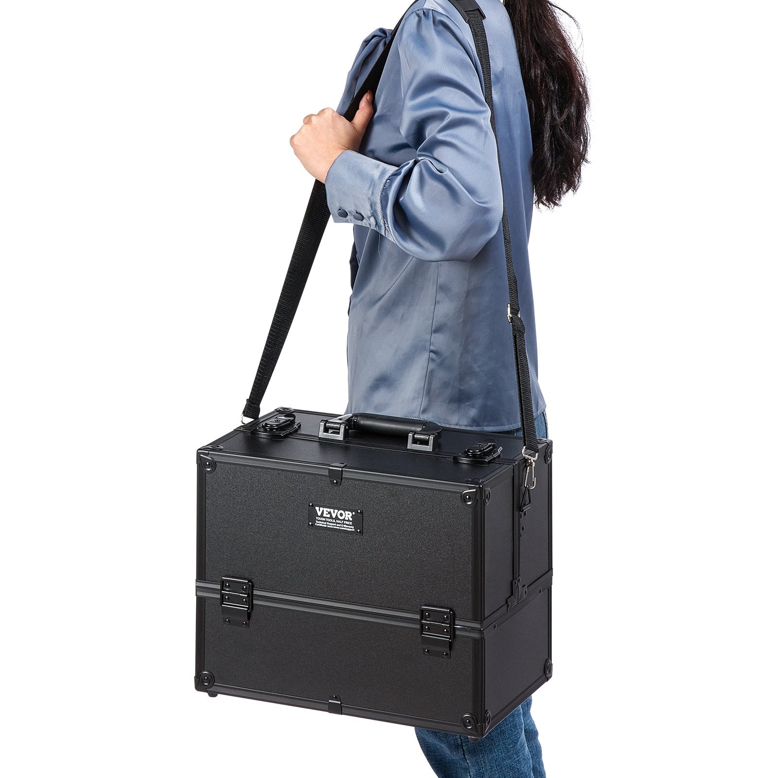VEVOR Makeup Train Case 14.6 inch Large Portable Cosmetic Case, 6 Tier Trays Professional Makeup Storage Organizer Box Make Up Carrier with Handle And Strap Travel Case for Women and Girls - Black 