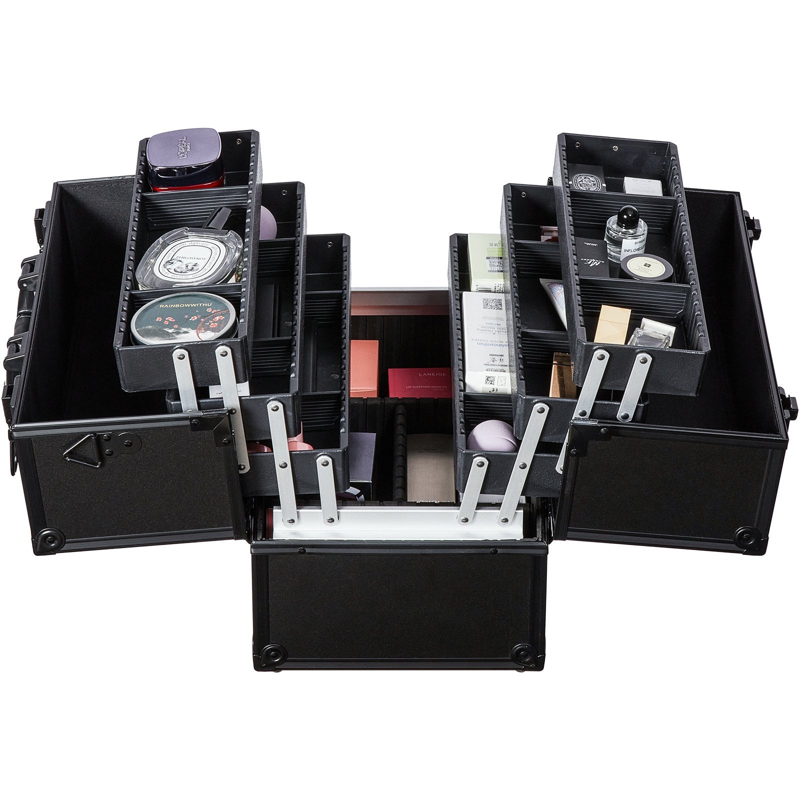 VEVOR Makeup Train Case 14.6 inch Large Portable Cosmetic Case, 6 Tier Trays Professional Makeup Storage Organizer Box Make Up Carrier with Handle And Strap Travel Case for Women and Girls - Black 