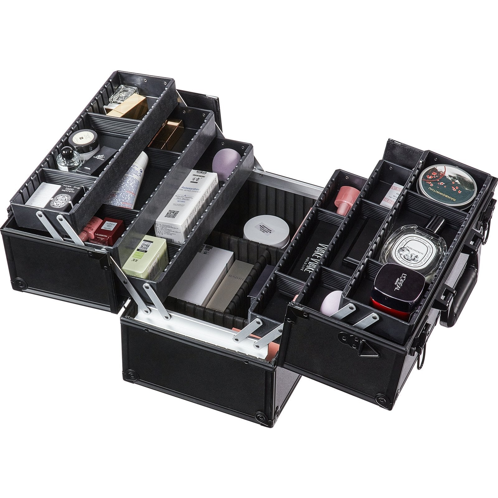 VEVOR Makeup Train Case 14.6 inch Large Portable Cosmetic Case, 6 Tier Trays Professional Makeup Storage Organizer Box Make Up Carrier with Handle And Strap Travel Case for Women and Girls - Black 