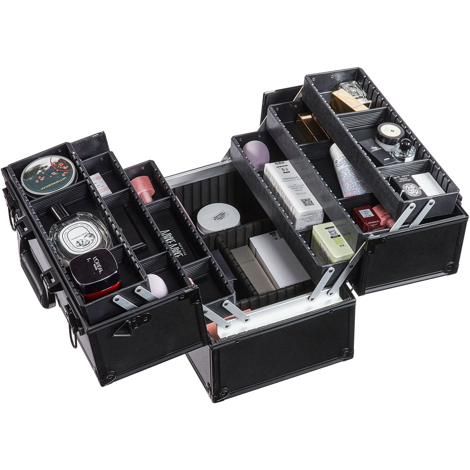 VEVOR Makeup Train Case 14.6 inch Large Portable Cosmetic Case, 6 Tier Trays Professional Makeup Storage Organizer Box Make Up Carrier with Handle And Strap Travel Case for Women and Girls - Black 