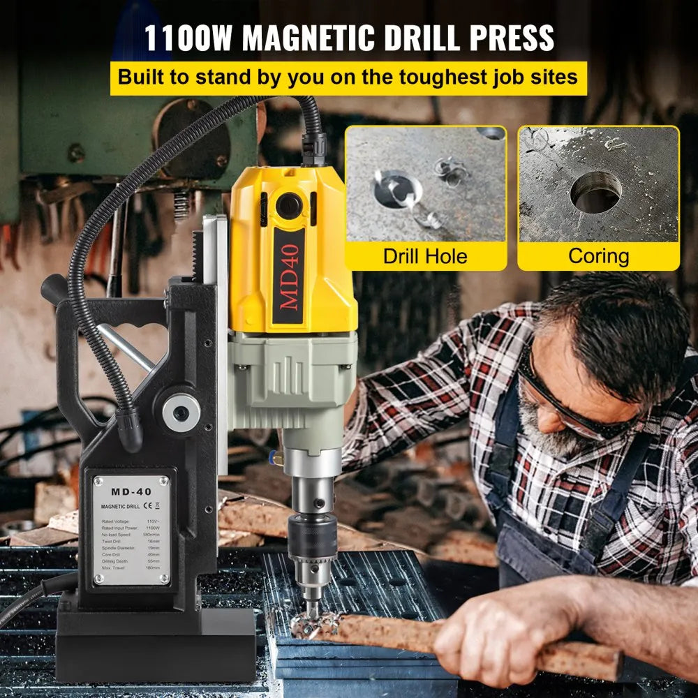 VEVOR Magnetic Drill, 1100W 1.57" Boring Diameter, 2697lbf/12000N Portable Electric Mag Drill Press with 12 Bits, 580 RPM Max Speed Drilling Machine for any Surface and Home Improvement