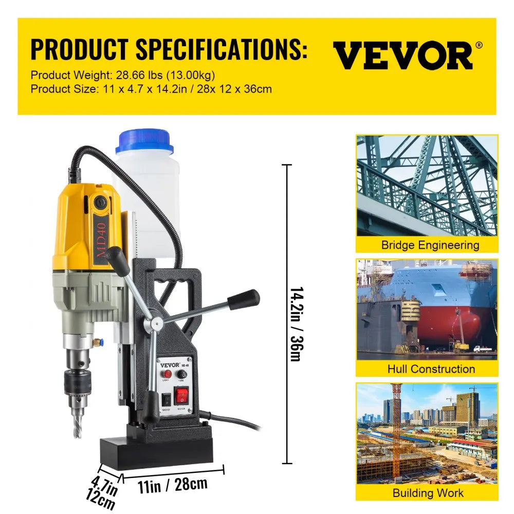 VEVOR Magnetic Drill, 1100W 1.57" Boring Diameter, 2697lbf/12000N Portable Electric Mag Drill Press with 12 Bits, 580 RPM Max Speed Drilling Machine for any Surface and Home Improvement