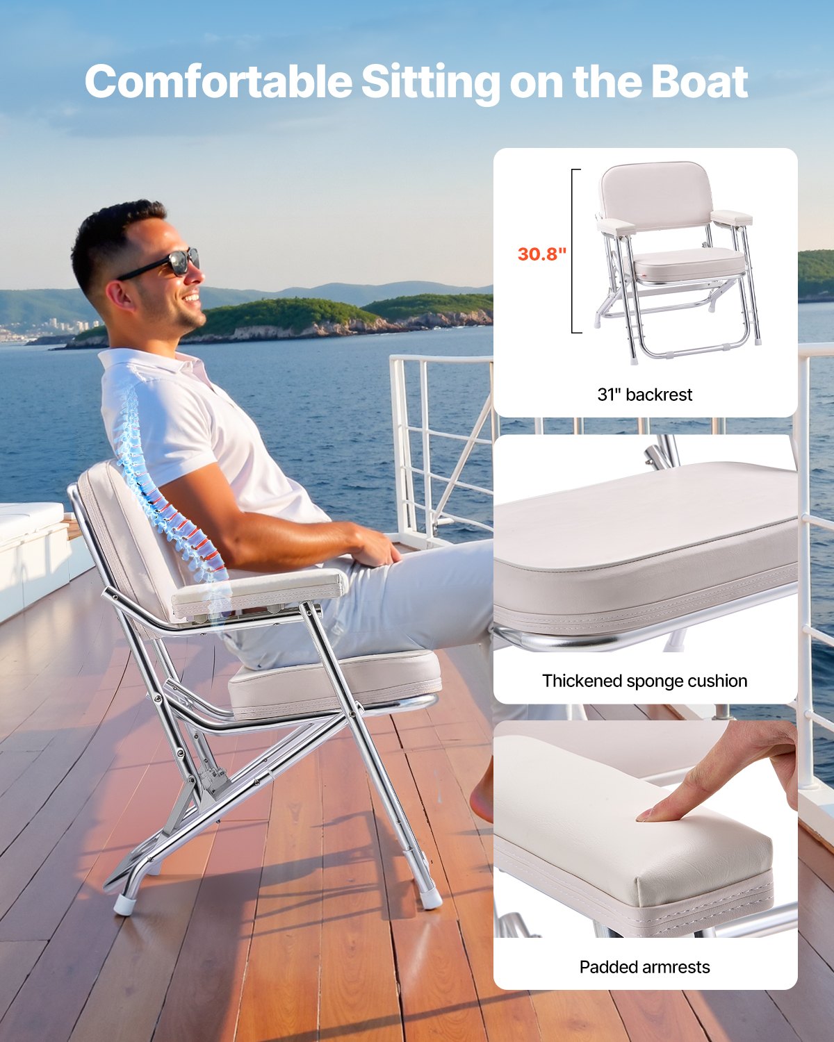 VEVOR Folding Deck Chair Boat Seat with Aluminum Alloy Frame Non-slip Foot Pads 