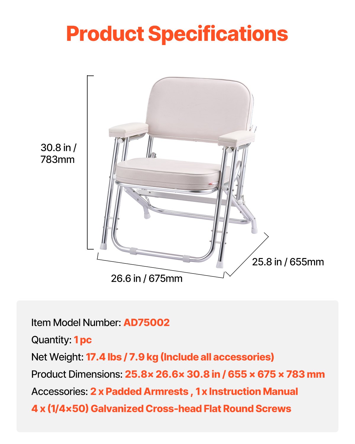 VEVOR Folding Deck Chair Boat Seat with Aluminum Alloy Frame Non-slip Foot Pads 