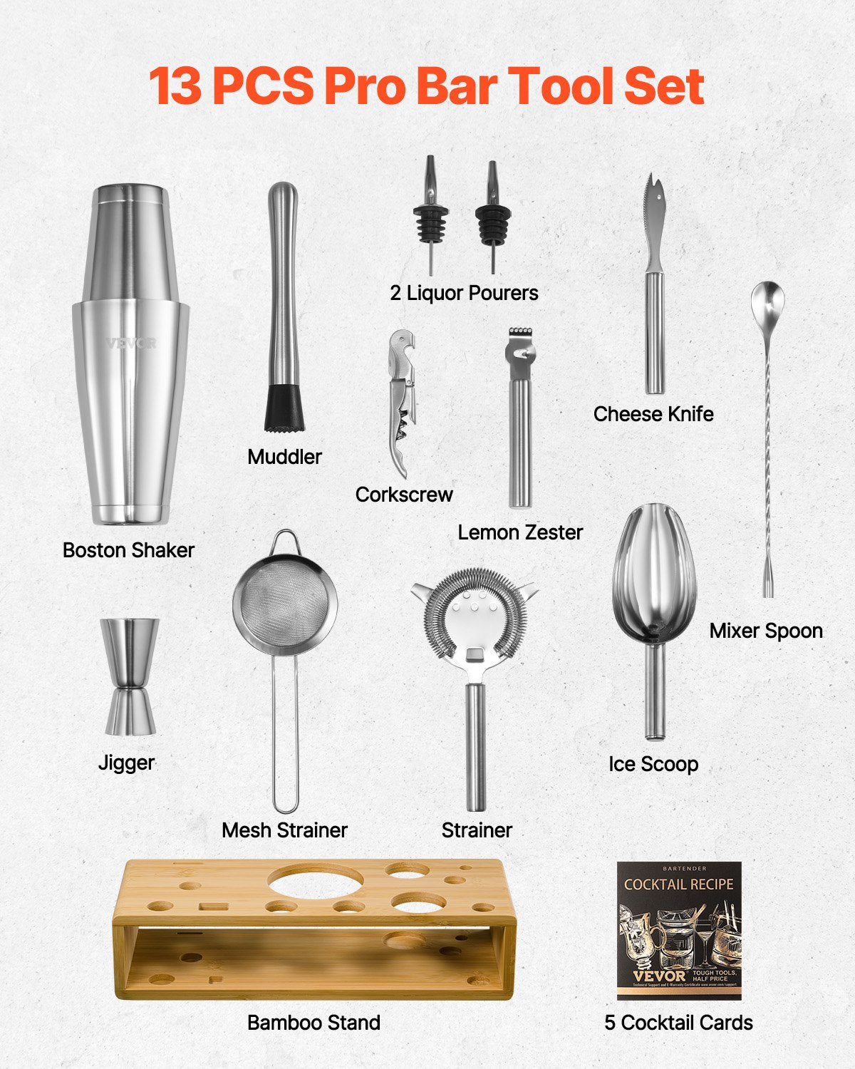 VEVOR Cocktail Shaker Set 13 Pcs Bartender Kit Stainless Steel Bar Tools Silver 