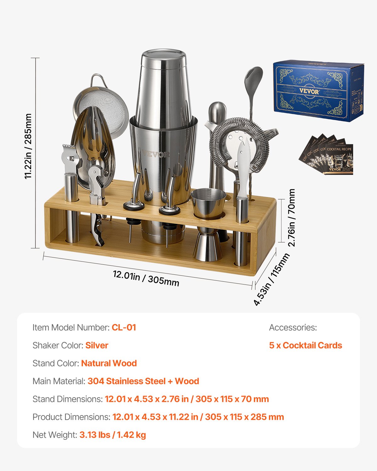 VEVOR Cocktail Shaker Set 13 Pcs Bartender Kit Stainless Steel Bar Tools Silver 