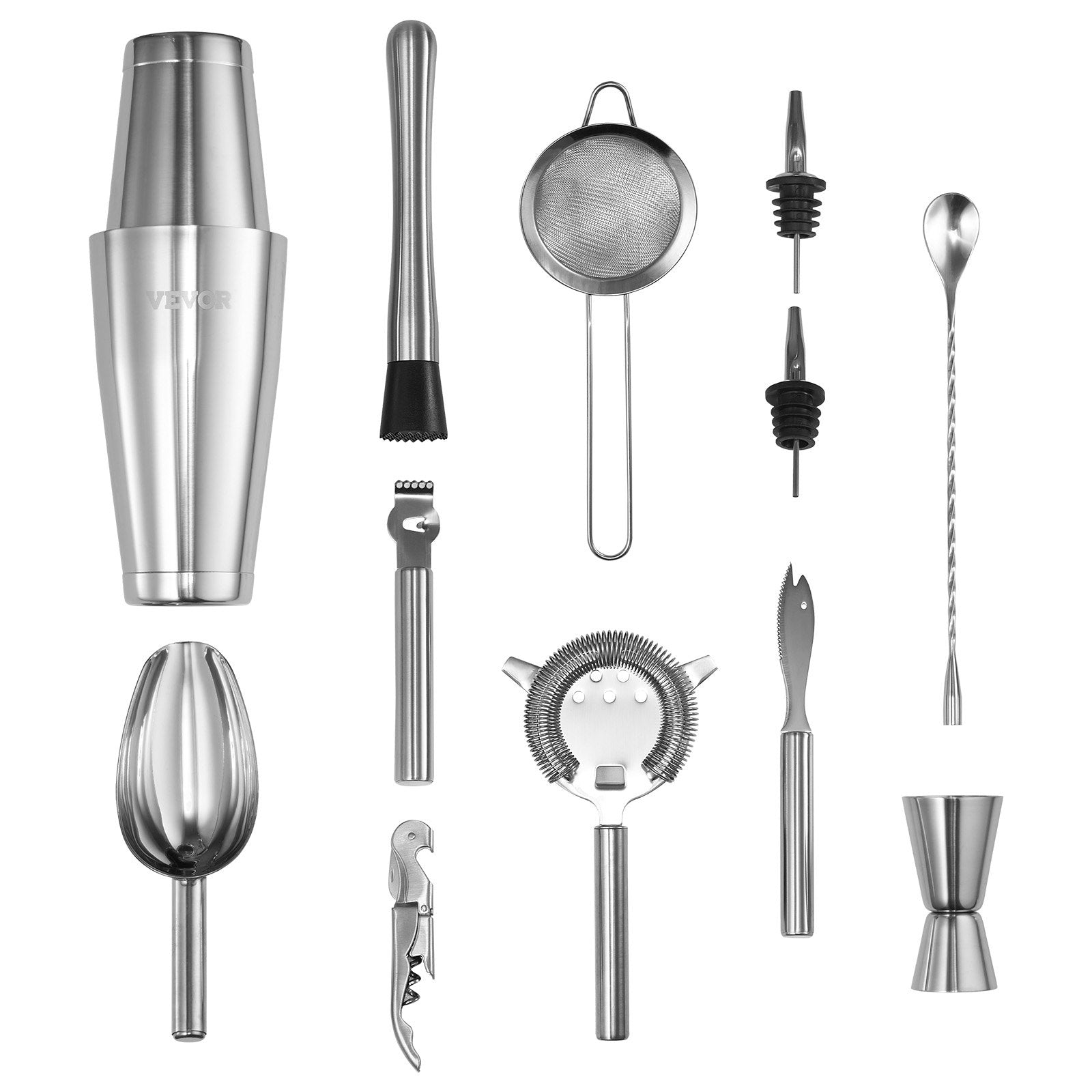 VEVOR Cocktail Shaker Set 13 Pcs Bartender Kit Stainless Steel Bar Tools Silver 