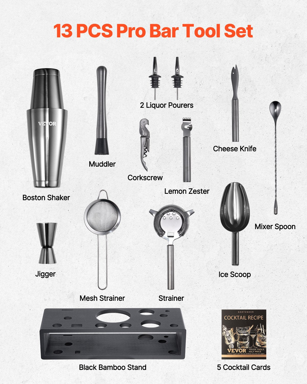 VEVOR Cocktail Shaker Set 13Pcs Bartender Kit Stainless Steel Bar Tools Gunmetal 