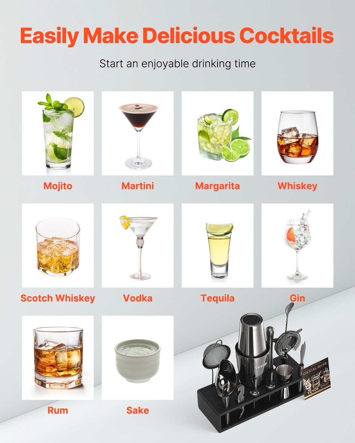 VEVOR Cocktail Shaker Set 13Pcs Bartender Kit Stainless Steel Bar Tools Gunmetal 