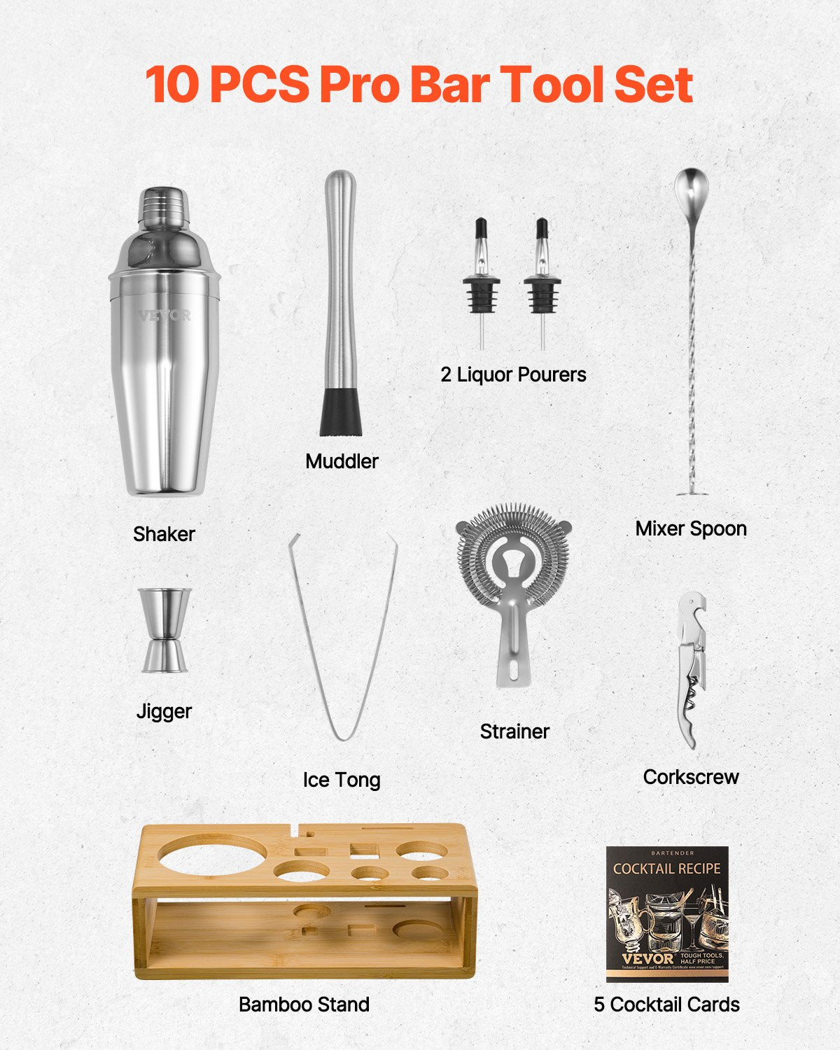 VEVOR Cocktail Shaker Set 10 Pcs Bartender Kit Stainless Steel Bar Tools Silver 