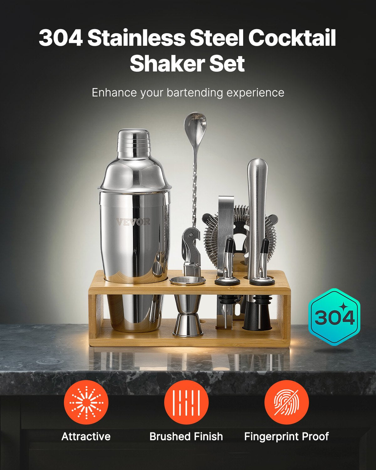 VEVOR Cocktail Shaker Set 10 Pcs Bartender Kit Stainless Steel Bar Tools Silver 