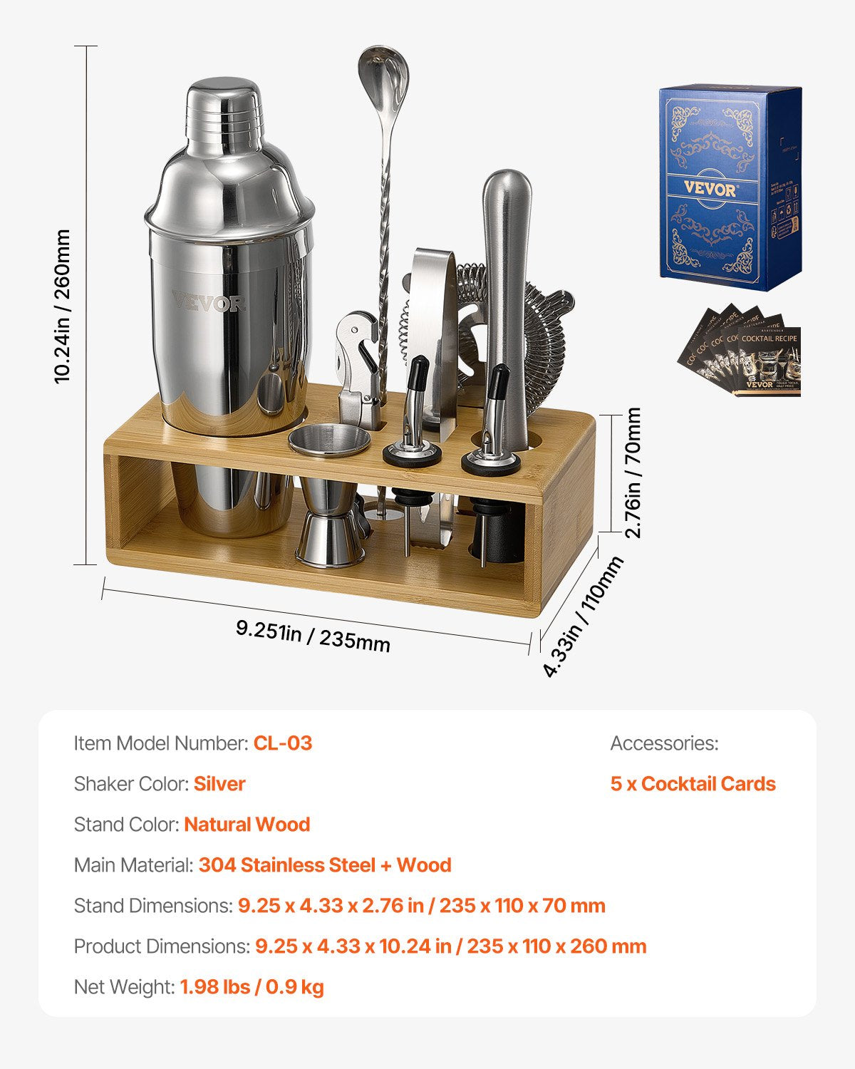 VEVOR Cocktail Shaker Set 10 Pcs Bartender Kit Stainless Steel Bar Tools Silver 