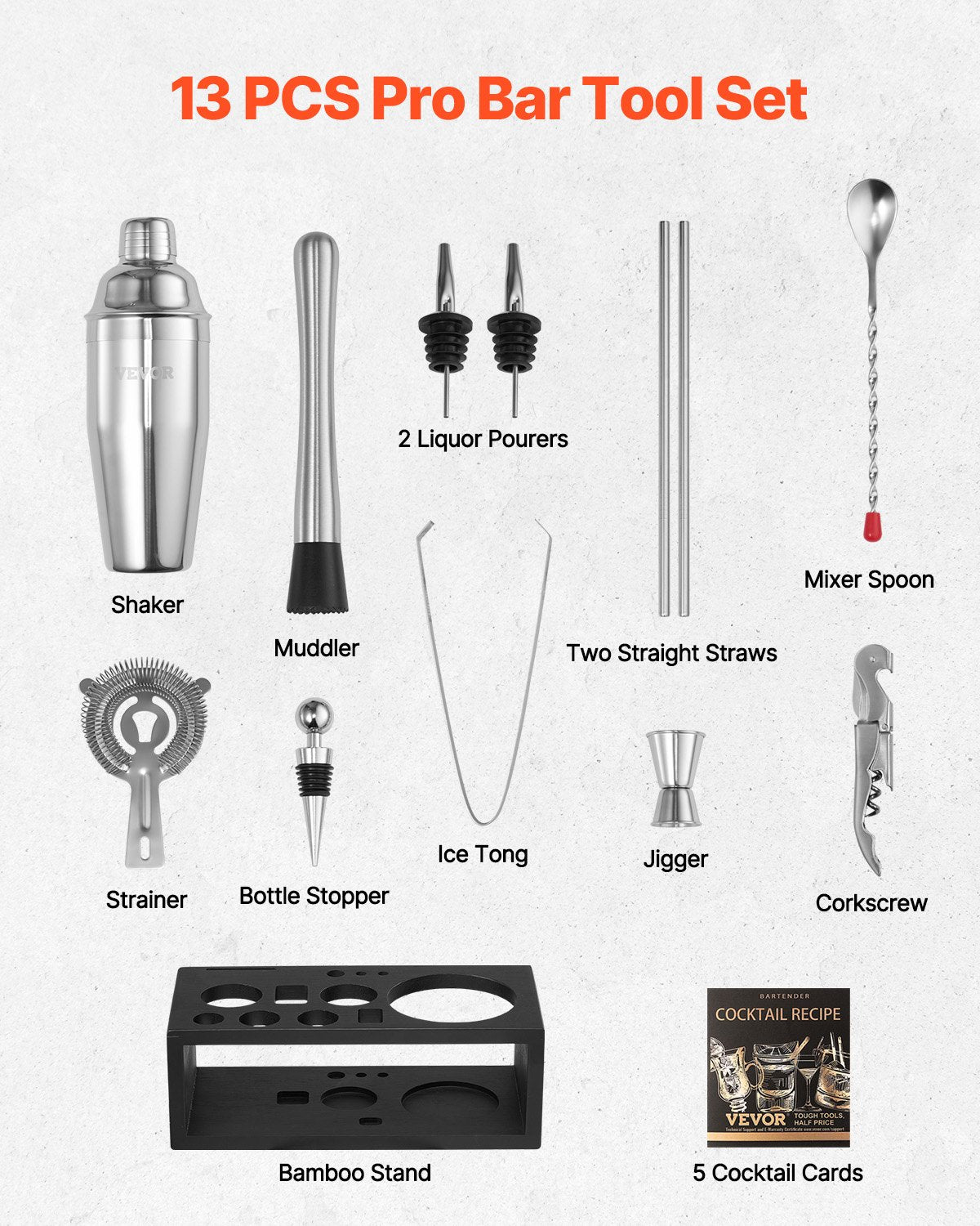 VEVOR Cocktail Shaker Set 13 Pcs Bar Tools Stainless Steel Bartender Kit Silver 