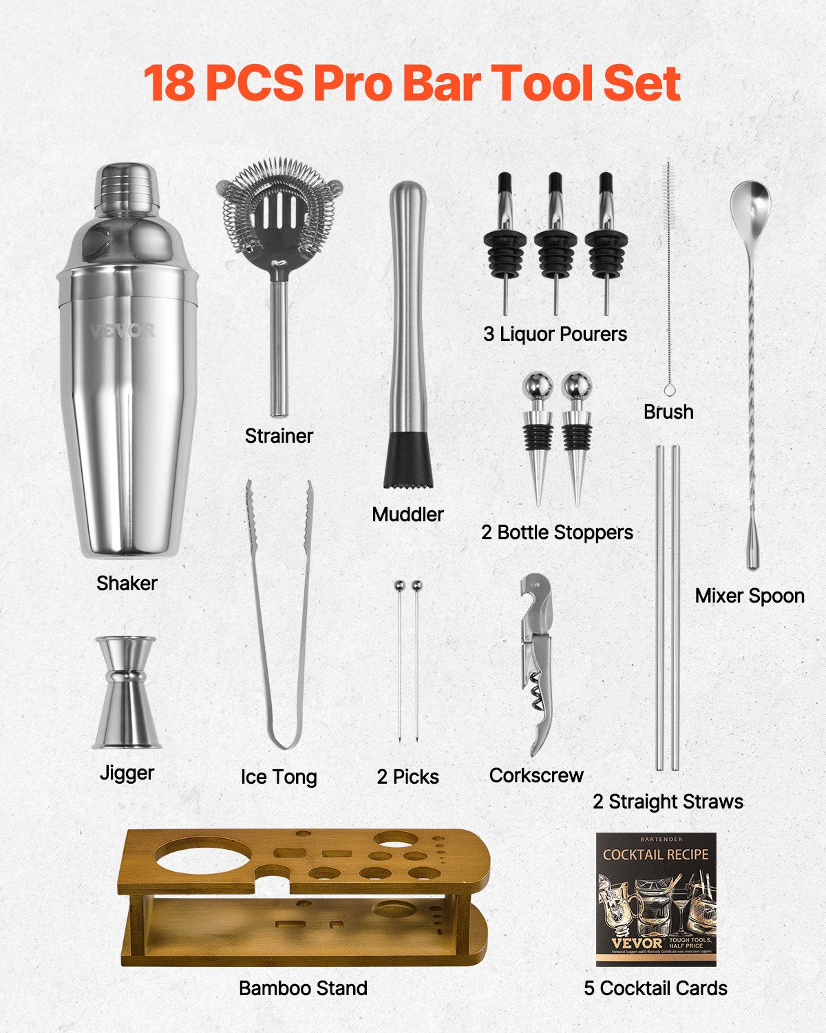 VEVOR Cocktail Shaker Set 18 Pcs Bartender Kit Stainless Steel Bar Tools Silver 