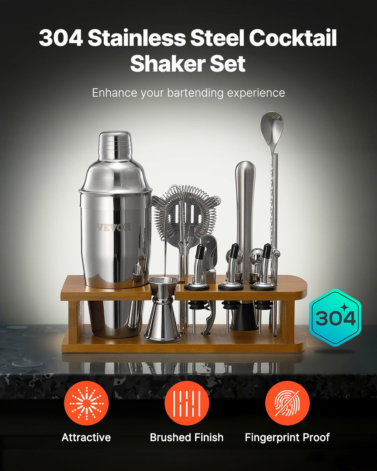 VEVOR Cocktail Shaker Set 18 Pcs Bartender Kit Stainless Steel Bar Tools Silver 