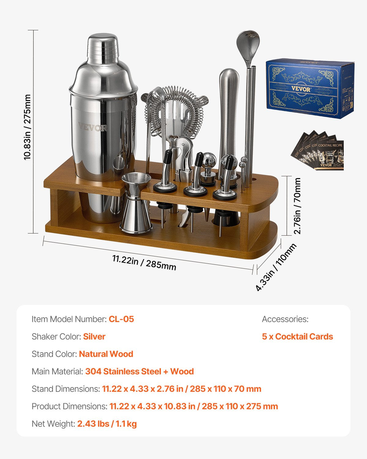 VEVOR Cocktail Shaker Set 18 Pcs Bartender Kit Stainless Steel Bar Tools Silver 