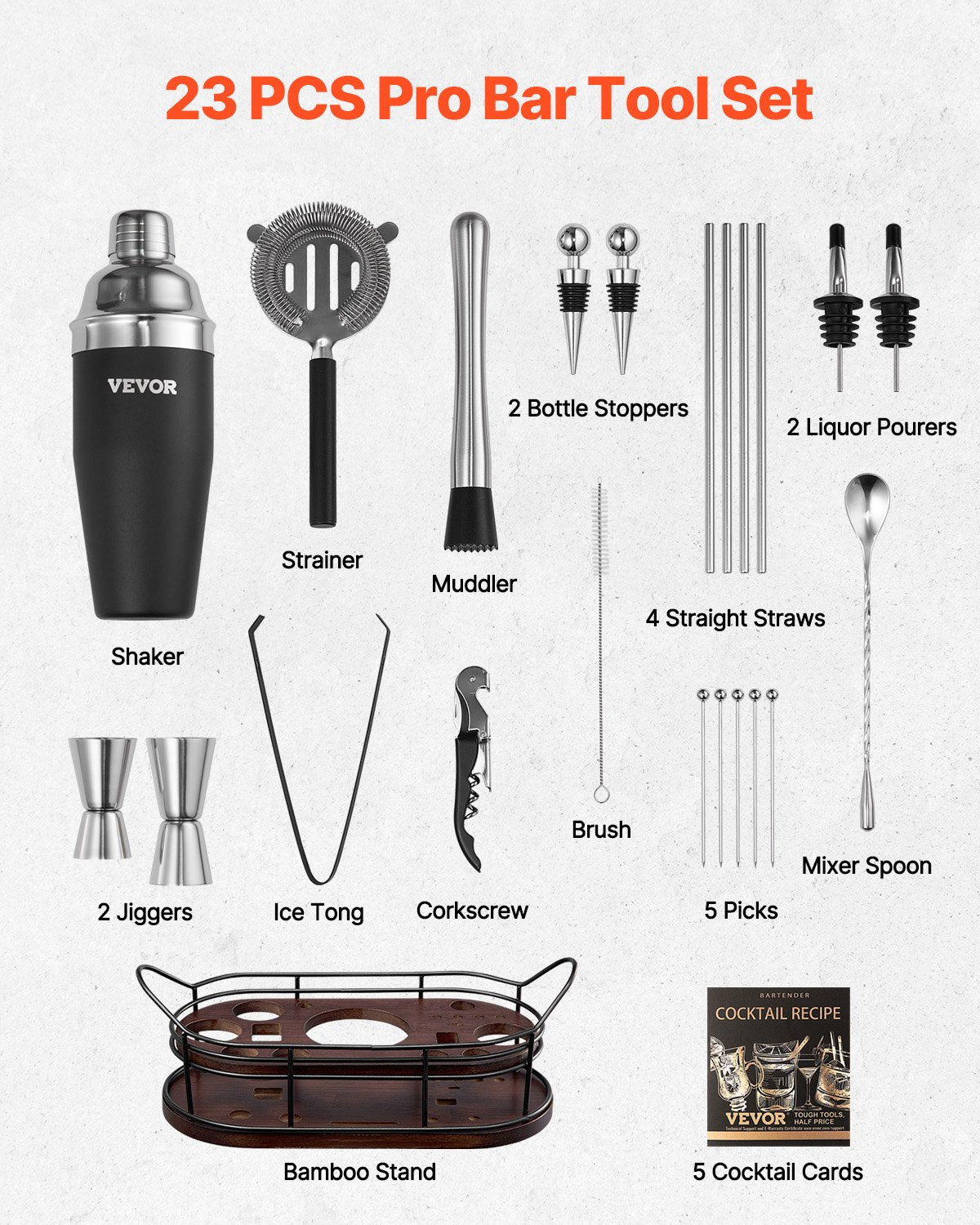 VEVOR Cocktail Shaker Set 23 Pcs Bartender Kit Stainless Steel Bar Tools Silver 