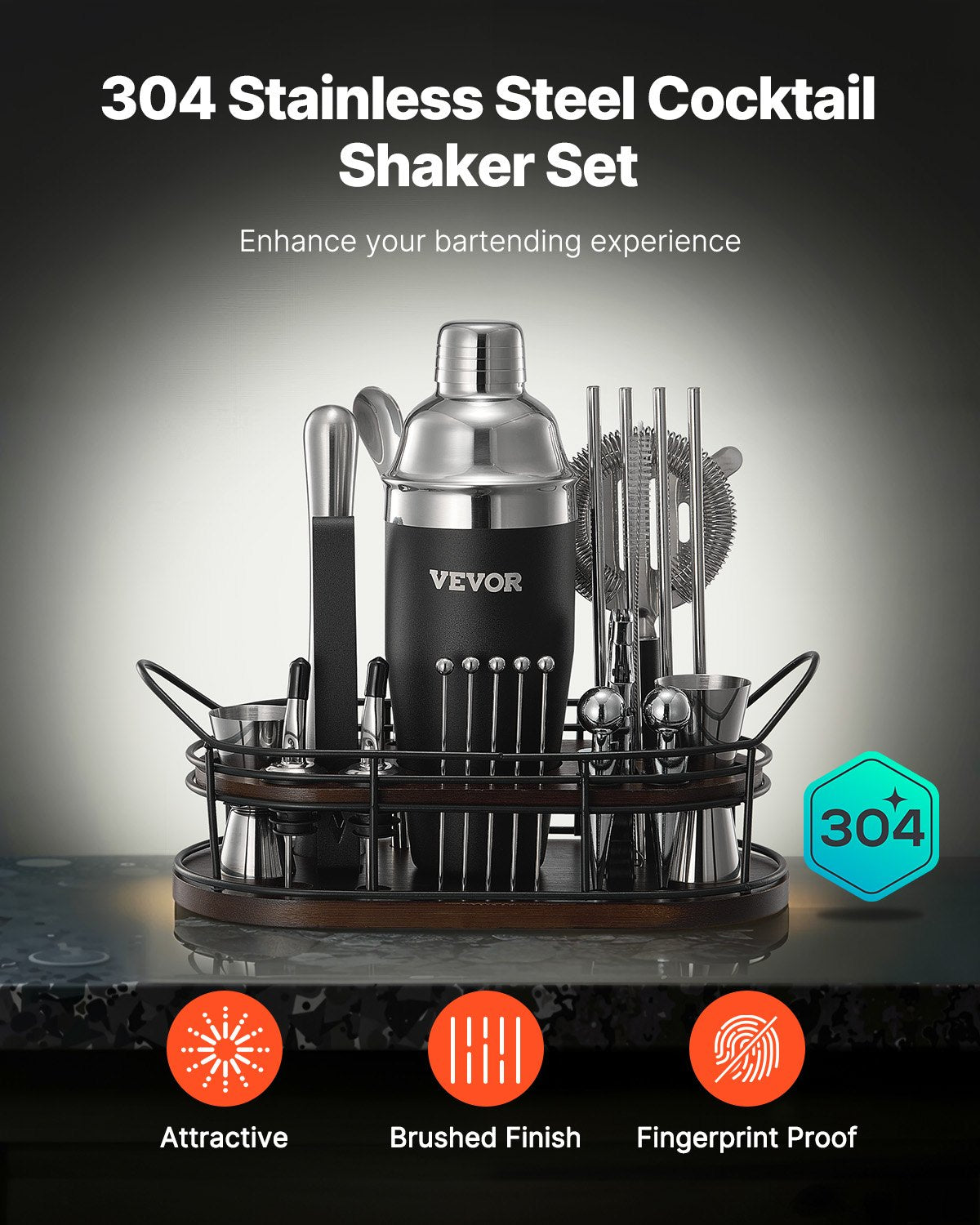 VEVOR Cocktail Shaker Set 23 Pcs Bartender Kit Stainless Steel Bar Tools Silver 