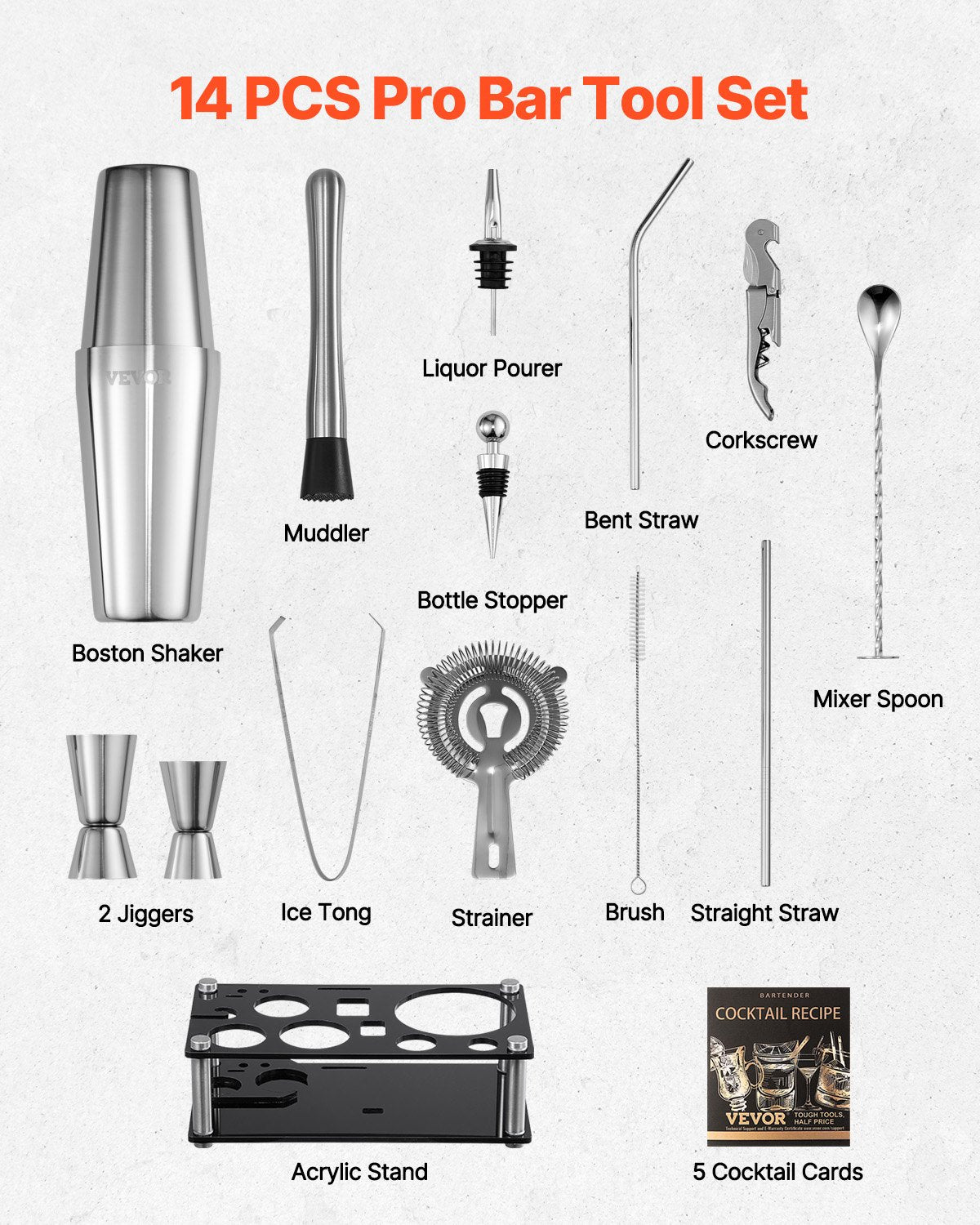 VEVOR Cocktail Shaker Set 14 Pcs Bartender Kit Stainless Steel Bar Tools Silver 