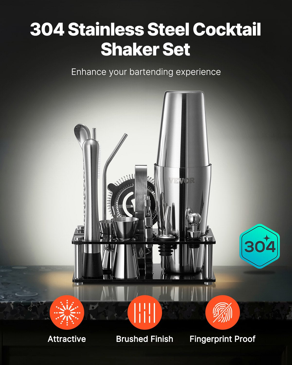 VEVOR Cocktail Shaker Set 14 Pcs Bartender Kit Stainless Steel Bar Tools Silver 
