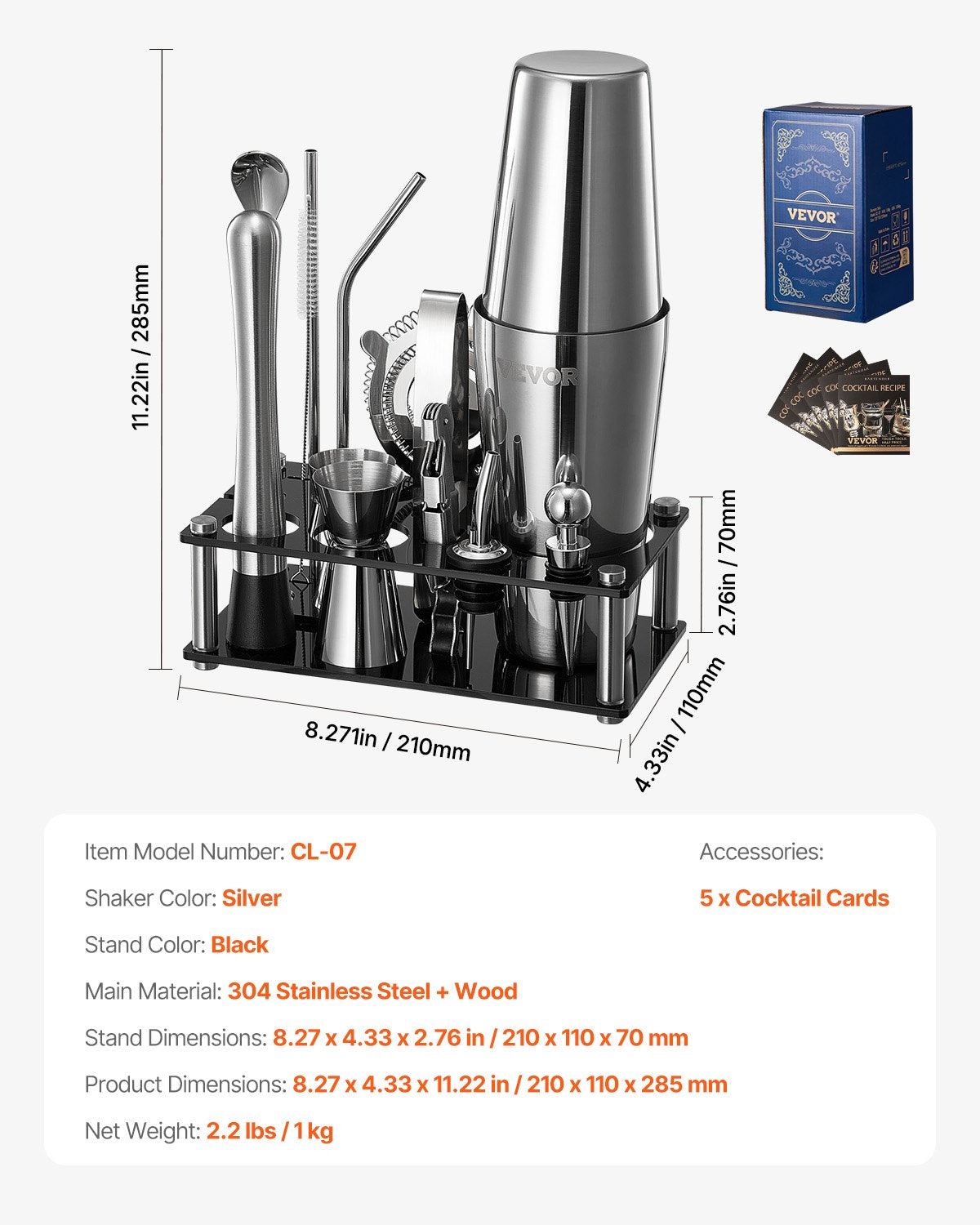 VEVOR Cocktail Shaker Set 14 Pcs Bartender Kit Stainless Steel Bar Tools Silver 