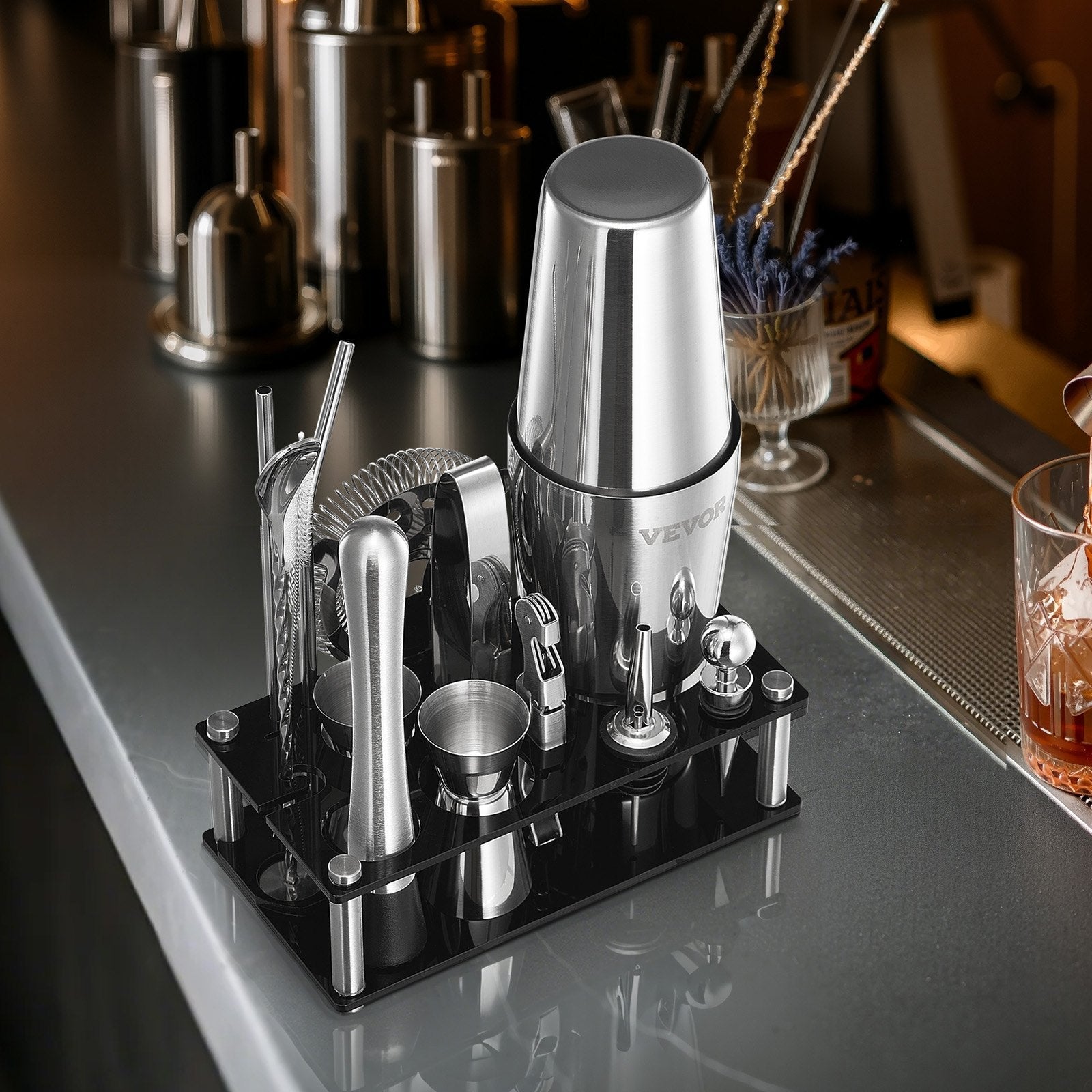 VEVOR Cocktail Shaker Set 14 Pcs Bartender Kit Stainless Steel Bar Tools Silver 