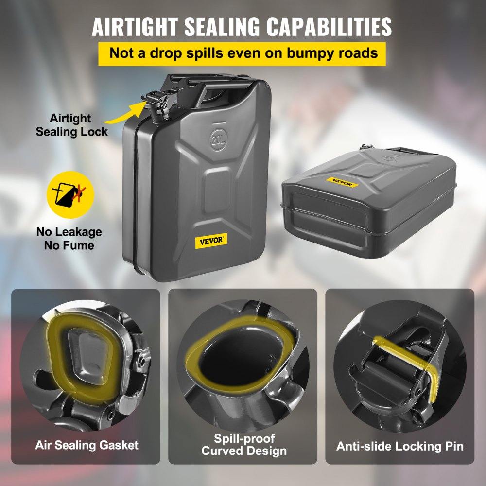 VEVOR Fuel Can, 5.3 Gallon / 20 L Portable Gas Can with Flexible Spout System, Rustproof ? Heat-resistant Steel Fuel Tank for Cars Trucks Equipment, Black 