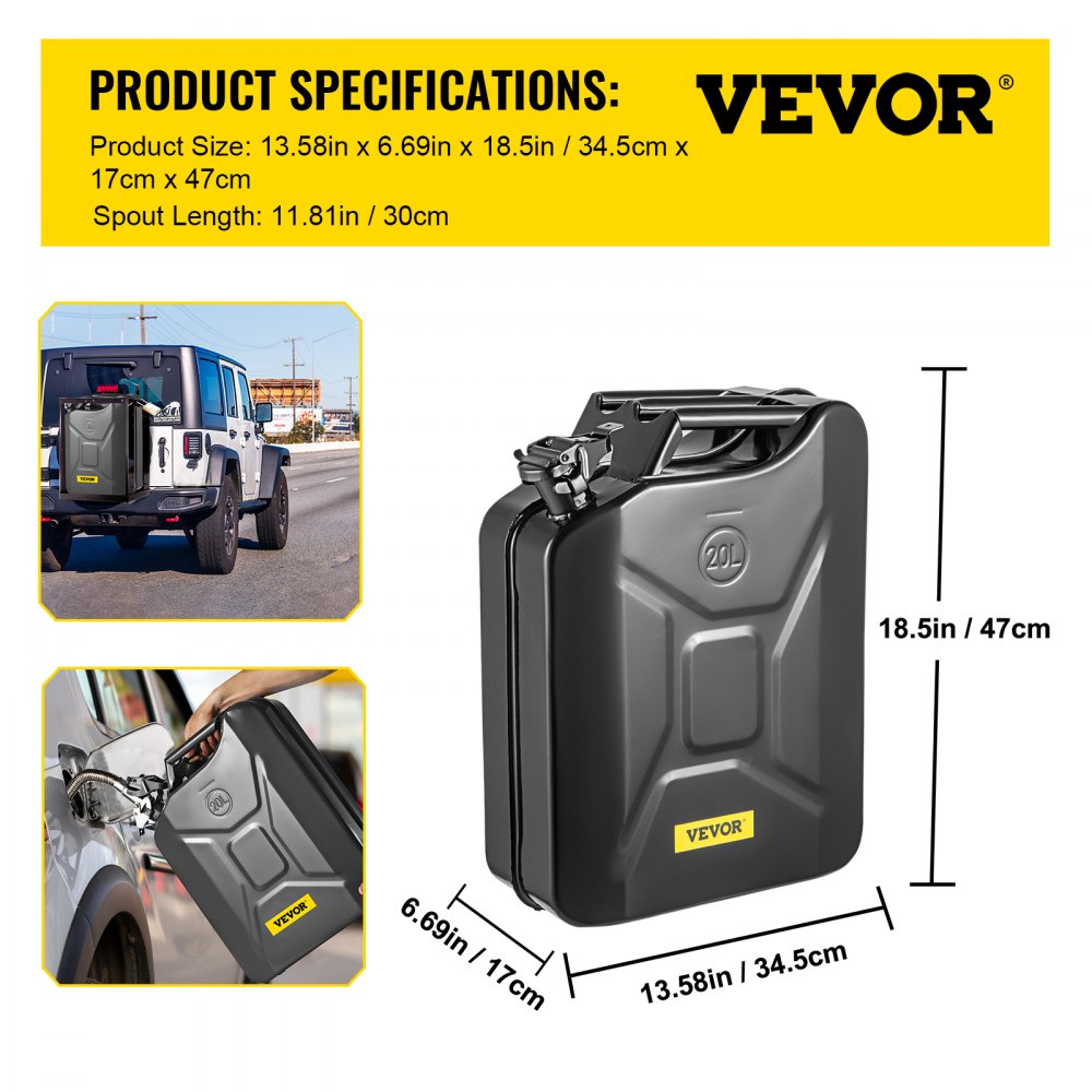 VEVOR Fuel Can, 5.3 Gallon / 20 L Portable Gas Can with Flexible Spout System, Rustproof ? Heat-resistant Steel Fuel Tank for Cars Trucks Equipment, Black 
